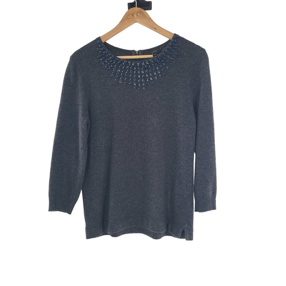 J. Crew Womens Grey Beaded Neck Wool Blend Sweater Size Medium‎